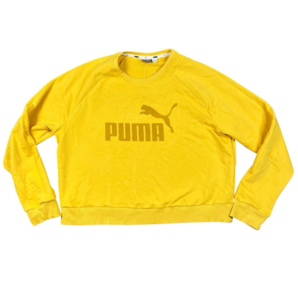 Puma Cropped Sweatshirt Womens XL Yellow Crewneck Logo Fall Streetwear